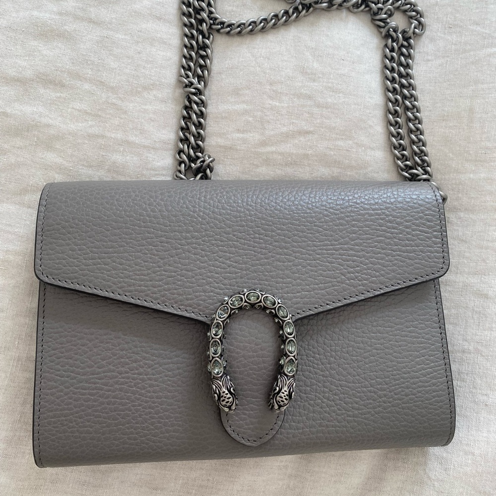 Gucci Calfskin Mini Dionysus Chain Wallet Dusty Grey
